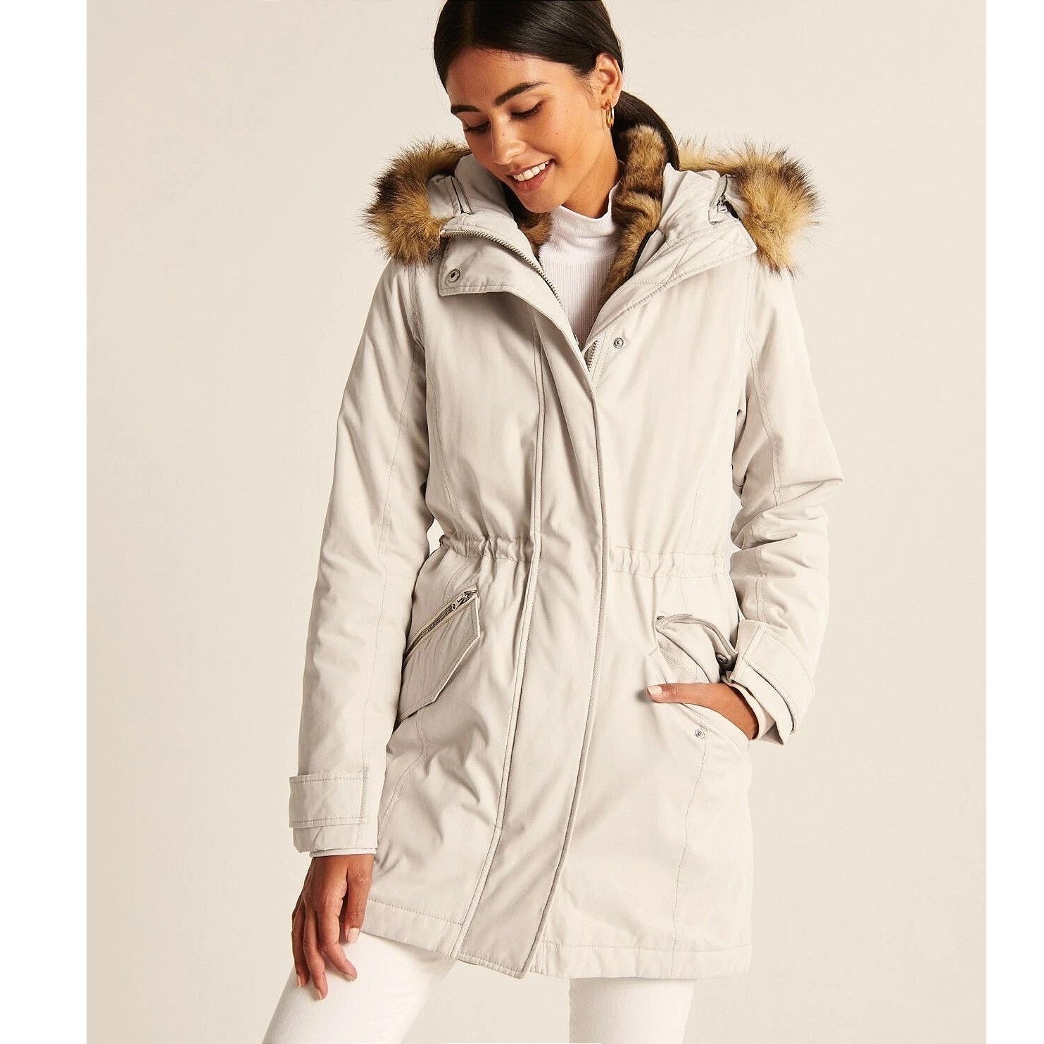 Vintage Abercrombie & Fitch Parka Faux Fur Hooded Sherpa Lined Cream Jacket Xs